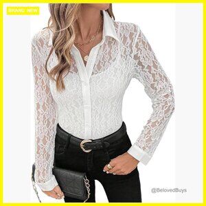 Lace Sheer Long Sleeve Button Down Blouse Collared Shirt Formal Casual